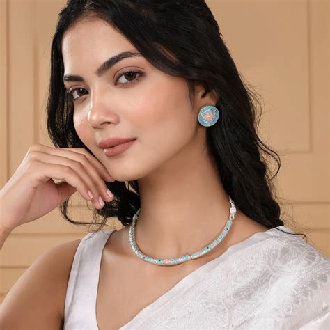 Enameled Elegance Silver Oxidized Blue Necklace Set – VOYLLA