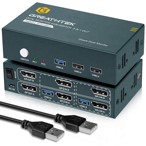 KVM Switch DP Displayport Dual Monitor Extended Display 2 Port, USB3.0 ...