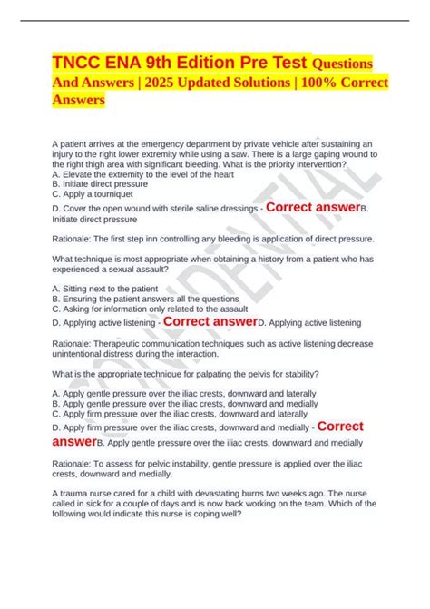 TNCC ENA 9th Edition Pre Test Questions And Answers | 2025 Updated ...