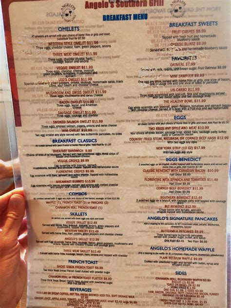 Menu at Angelo's Southern Grill restaurant, Naples