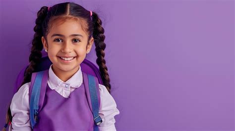 Happy indian preteen girl with ponytails in school uniform holding ...