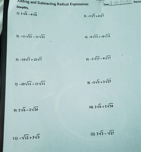 Adding And Subtracting Radicals Worksheet Adding And Subtracting