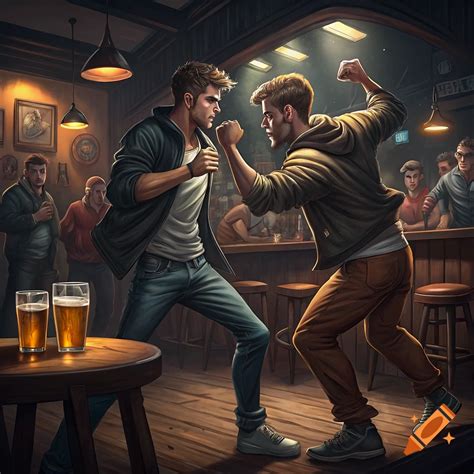 Two men square off to fight in a bar with onlookers and drinks on a ...
