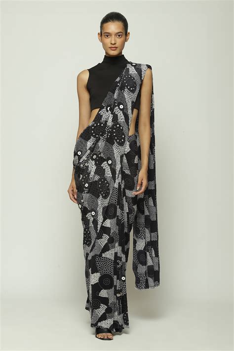 Buy White Pure Silk Embroidery Sequin Haze And Button Saree For Women ...