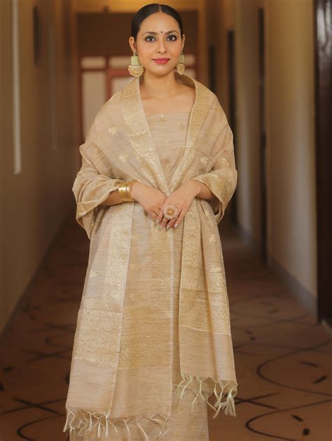 Banarasee Handwoven Pure Muga Silk Sari With Floral Border & Pallu-Yel