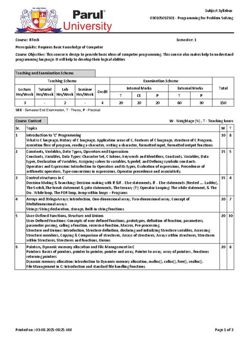 PPS Syllabus 03010501ES01: Programming for Problem Solving Course - Studocu