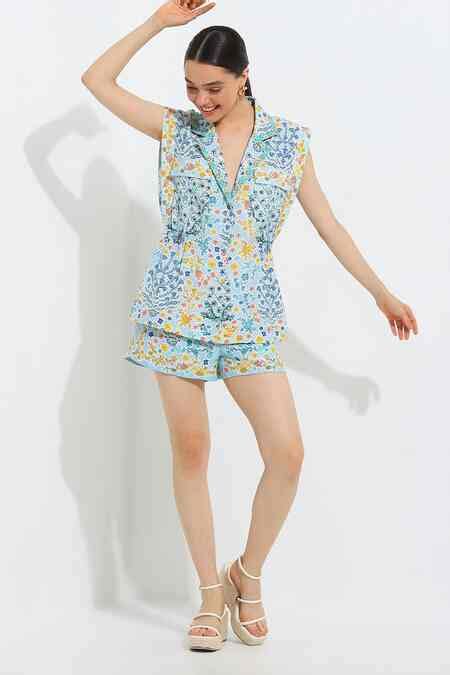 Buy Multi Color Linen Blend Printed Normandy Lapel Collar Rosa ...