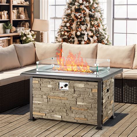 Homrest 44 Inch Aluminum Propane Fire Pit Table w/ Faux Ledgestone ...