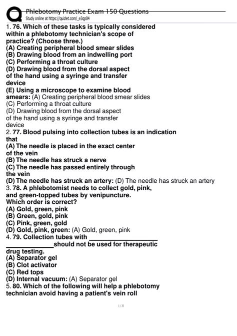 Phlebotomy Practice Exam with 150 Verified Questions and Correct ...
