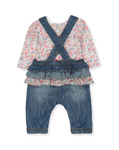Buy Girls Full Sleeves Denim Dungaree And Bodysuit Set Frill Detail ...