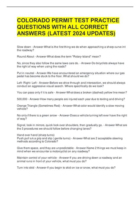 COLORADO PERMIT TEST PRACTICE QUESTIONS WITH ALL CORRECT ANSWERS ...