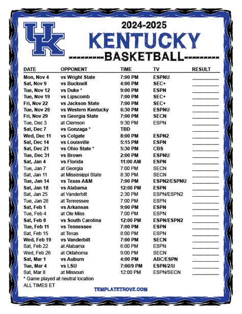 Printable 2024-2025 Kentucky Wildcats Basketball Schedule