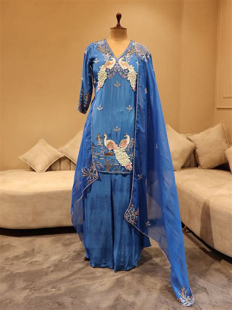 Royal blue peacock kurta with flaired plazo and dupatta – JAYAA'S COUTURE