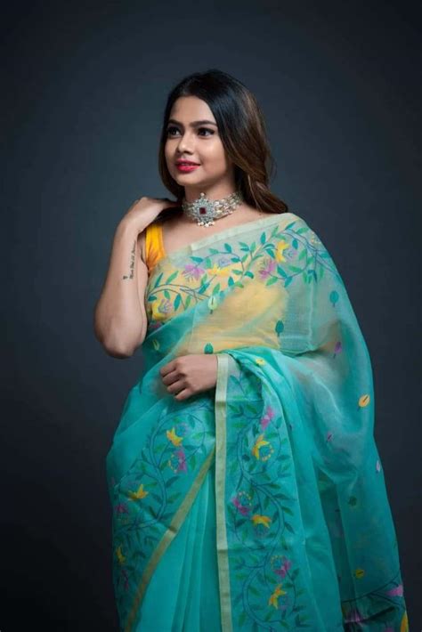 Indeloom - Cyan Floral Garden Silk Hand Made Jamdani Saree - 034 ...