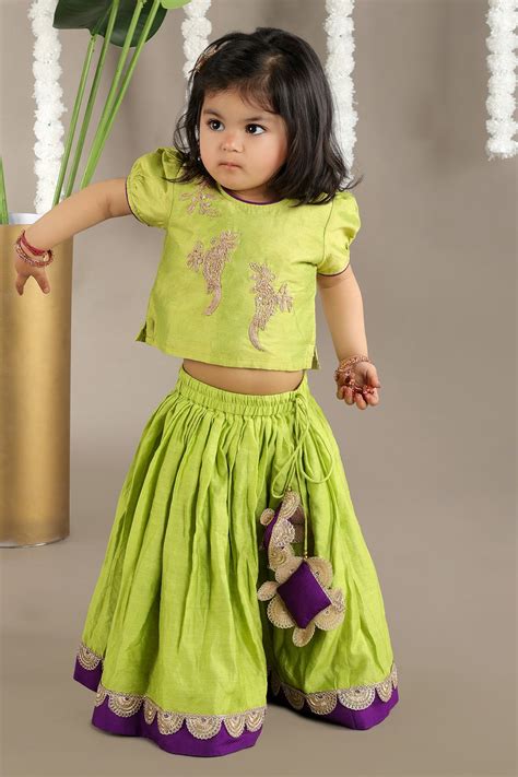 Buy Green Bird Lace Work Lehenga Set for Girl by Little Brats