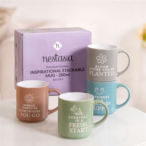 Set Of 4 Stackable Mugs With Inspirational Quotes 280ml Online ...