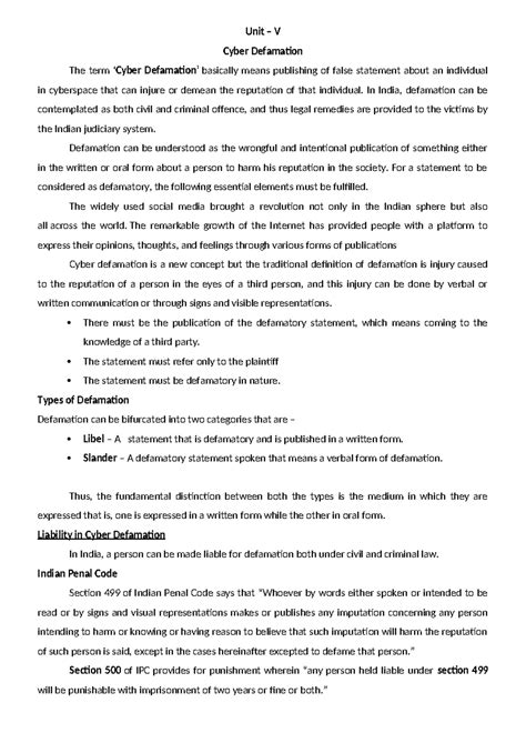 Cyber LAW UNIT - 5 - Unit 5 - Unit – V Cyber Defamation The term ‘Cyber ...