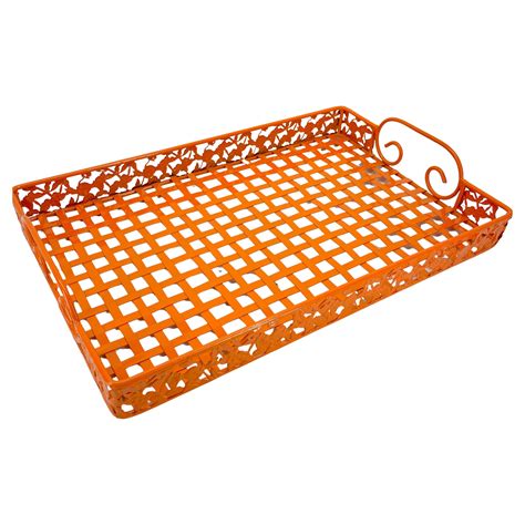 Orange Mid-Century Metal Serving Tray with Handles, Powder Coated For ...
