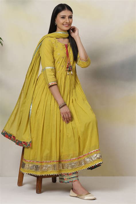 Buy Lime Green Cotton Anarkali Kurta Palazzo Suit Set Online at Biba India