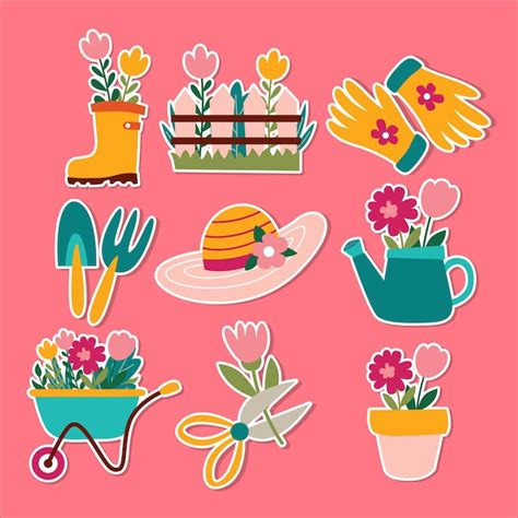 Gardening flower and tools sticker | Premium Vector