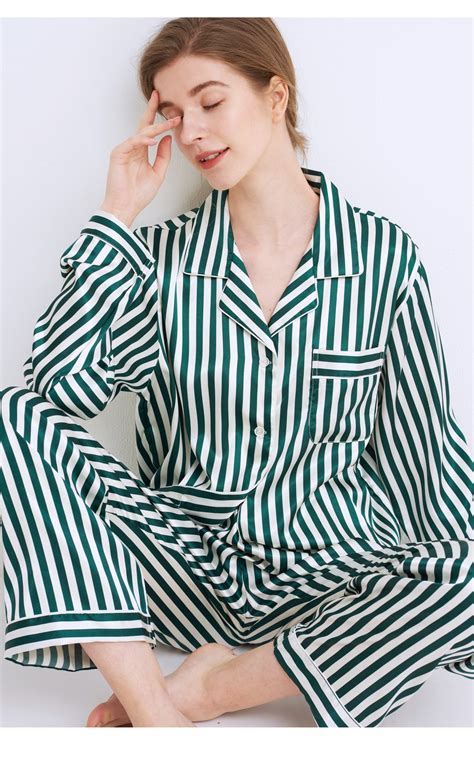 Women's Silk Satin Pajama Set Long Sleeve-Green and White Striped ...
