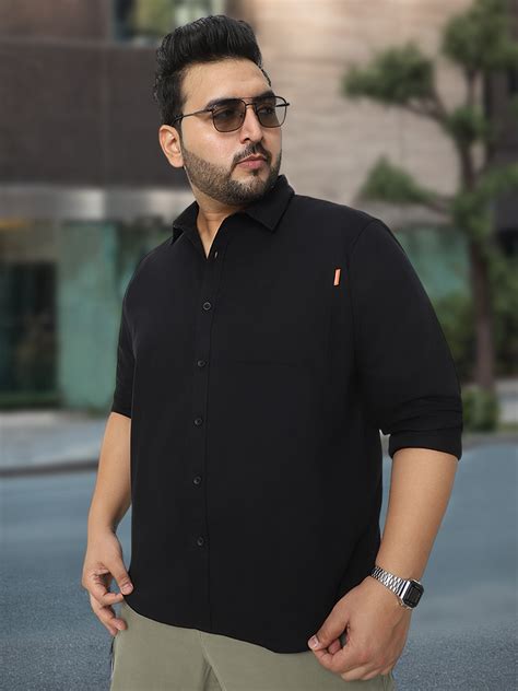 Plus Men's Black Cotton Full Sleeve Regular Fit Casual Solid Shirt ...