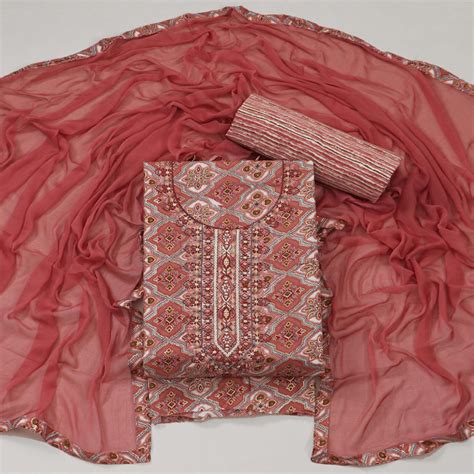 Peach Foil Print With Embroidered Pure Cotton Dress Material