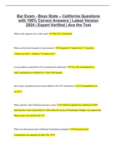 Bar Exam - Boys State – California Questions with 100% Correct Answers ...