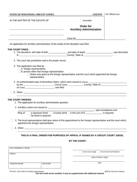 Wisconsin Ancillary Administration Order - Blank Fillable Template ...