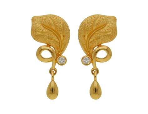 Sree Kumaran | Leaf Design Drop Gold Stud With Stone