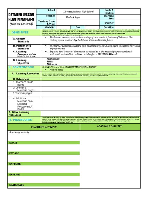 Matatag Detailed Lesson Plan Template