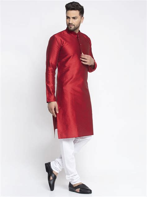 Men's Maroon & White Woven Design Kurta with Pyjamas ( JOKP 637 Maroon ...