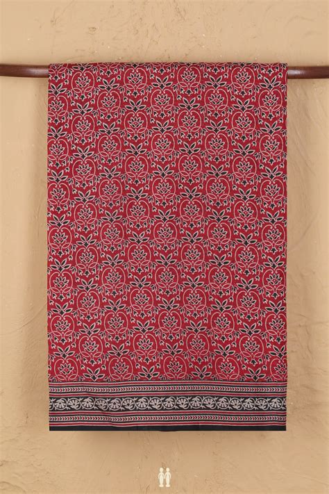 Printed Silk Saree In Crimson Red With Floral Design