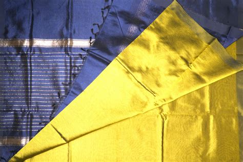 Bright Yellow Mangalagiri Cotton Saree with Indigo Blue Contrast Pallu ...
