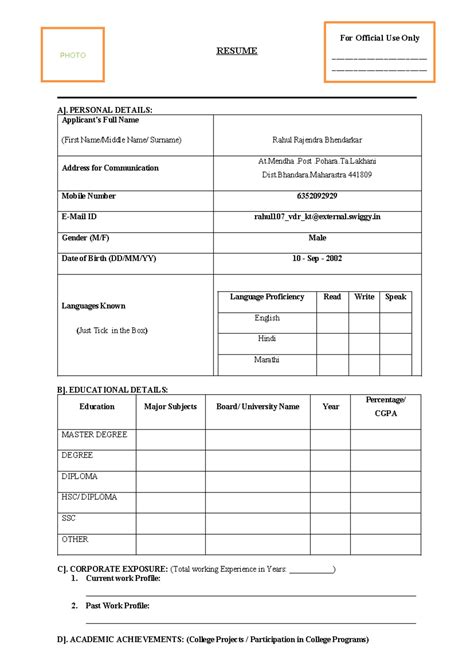 Resume Format Sakoli JOB FAIR - RESUME A]. PERSONAL DETAILS: Applicant ...
