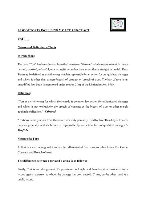 Law of Torts - Unit I -Notes - Warning: TT: undefined function: 32 LAW ...