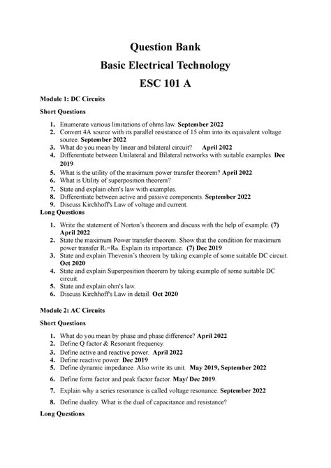 BET Question Bank - BET - Question Bank Basic Electrical Technology ESC ...