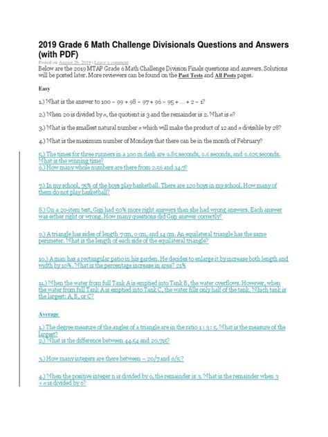 2019 Grade 6 Math Challenge Divisionals Questions and Answers | PDF ...