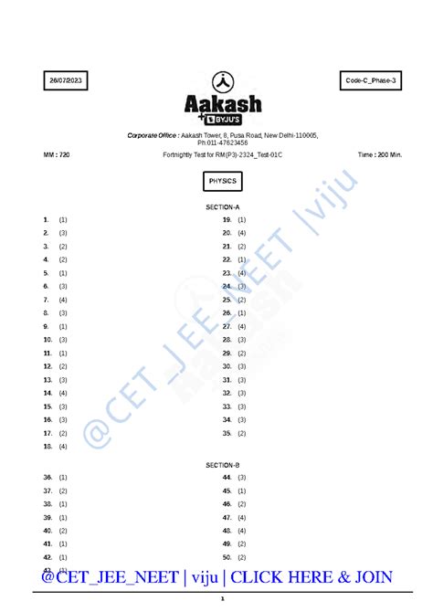 FT - 1 CODE-C RM Phase-3 Answer Key for CET JEE NEET Test 01C - Studocu