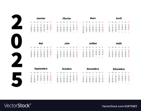2025 year simple horizontal calendar in french Vector Image