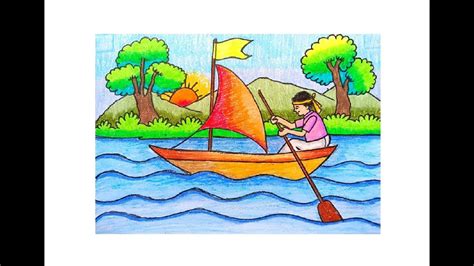 HOW TO DRAW EASY BOAT DRAWING/RIVER WITH BOAT SCENERY DRAWING STEP BY ...