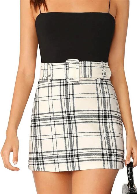 Floerns Women's Plaid Skirt High Waist Belted Bodycon Mini Skirt ...