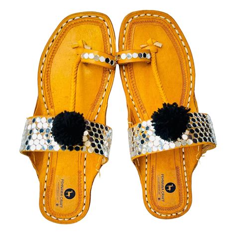 Mirror Pompom Original Kolhapuri ethnic flats for Women | Leather fancy ...