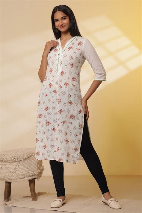 Buy White Textured Cotton Floral Printed Kurta and Denim Jeggings Set ...