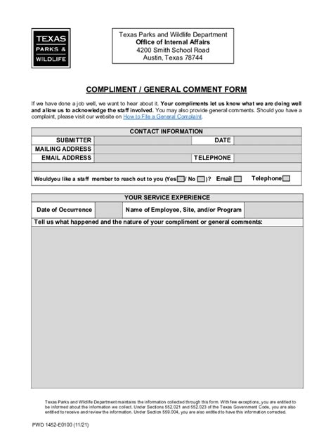 Fillable Online Texas Parks and Wildlife Department Compliment Form Fax ...