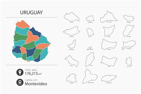 Map of Uruguay with detailed country map. Map elements of cities, total areas and capital ...
