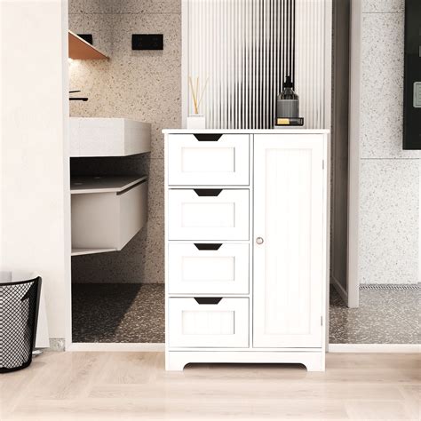 White Bathroom Floor Cabinet With Adjustable Shelves - 4 Drawers And 1 ...