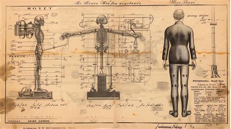 A vintage medical illustration of a man with an electrical system integrated into his body ...