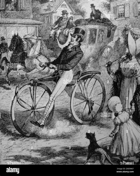 The Drasine, or hobby horse bicycle, first bike invented by German Karl von Drais in 1816 ...