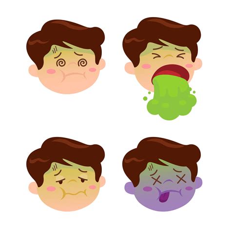 Boy sick dizzy and vomiting icon set cartoon illustration vector ...